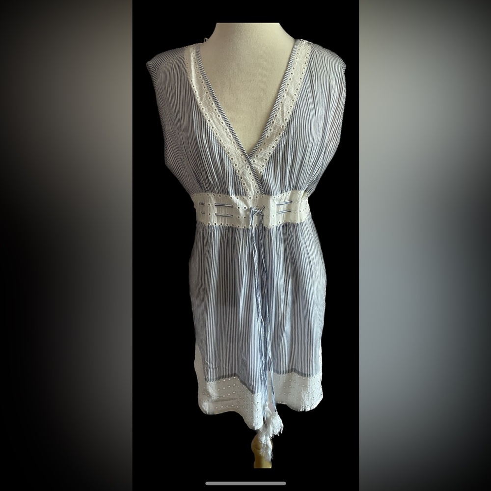 Striped Blue and White Dress/ Coverup with Lace Detail